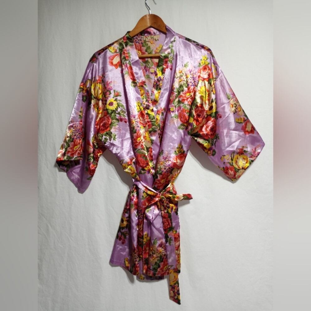 Purple Floral Kimono Robe With Inside Tie And Belt